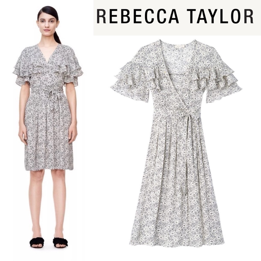 Rebecca Taylor Sweet Briar Ruffle Silk Dress In Cream 6 Combo Floral Midi Spring